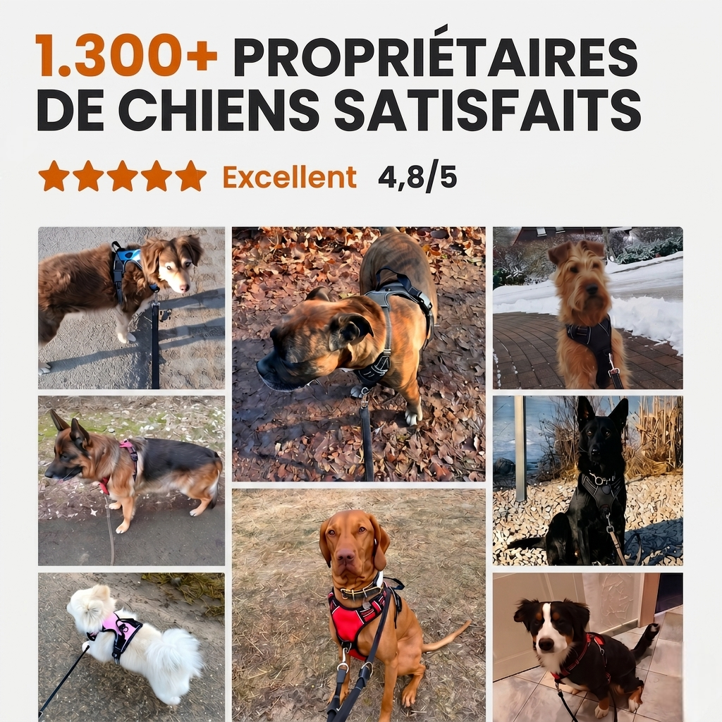Avis clients : plus de 1300 propriétaires de chiens satisfaits avec une note de 4,8 sur 5. Photos de différents chiens portant le harnais.