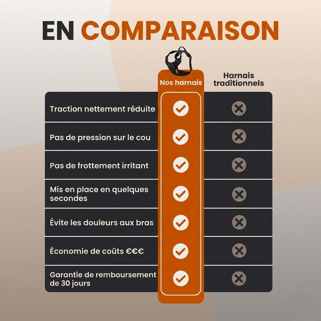 Tableau comparatif montrant les avantages de nos harnais par rapport aux harnais traditionnels : réduction de la traction, confort du cou, absence de frottement et facilité de mise en place.