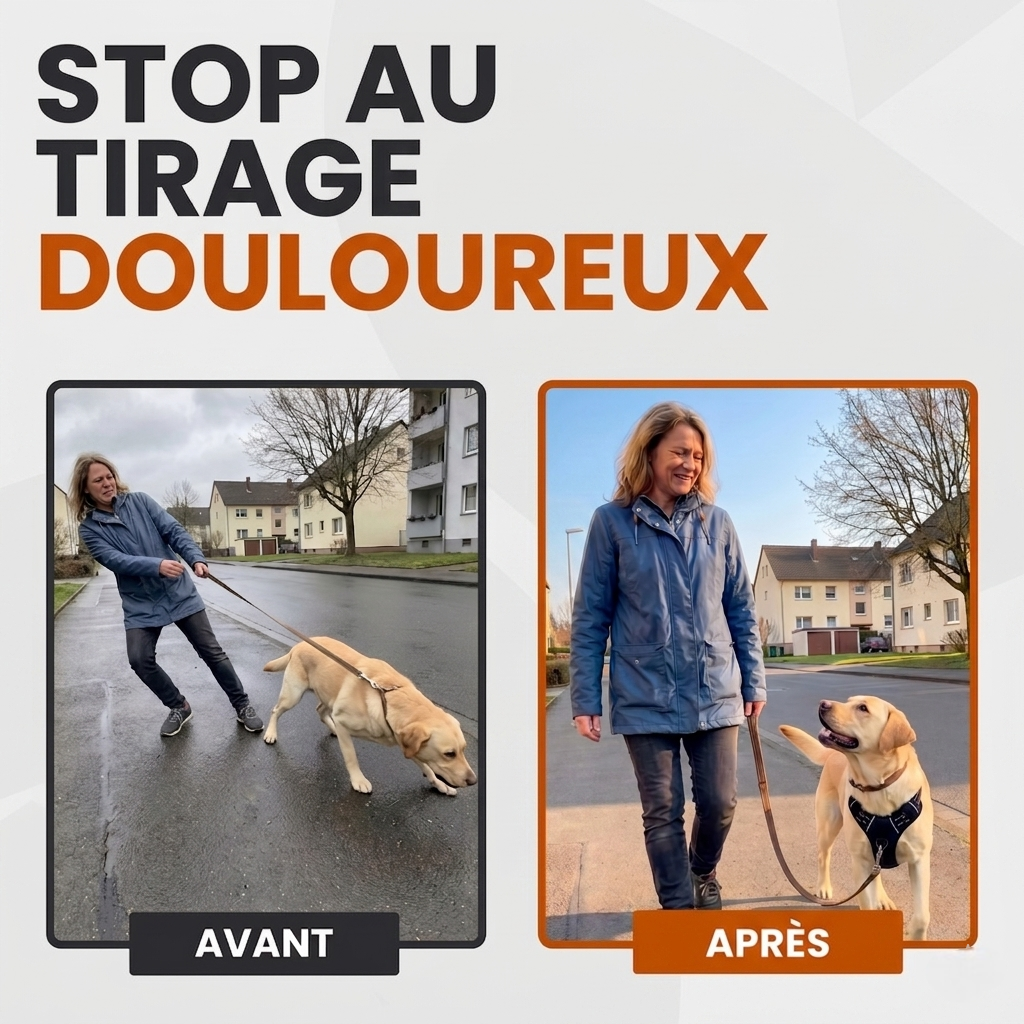 Comparaison avant-après d'un chien qui tire sur sa laisse : à gauche, une femme lutte contre la traction ; à droite, le chien marche calmement avec un harnais anti-traction. Texte : Stop au tirage douloureux.