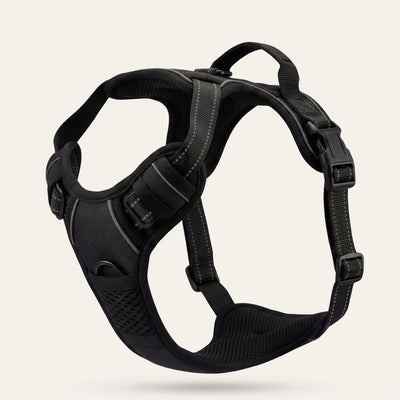 Harnais anti-traction et ergonomique pour chien de couleur noir, équipé de bandes réfléchissantes et d'une poignée de contrôle sur le dessus.