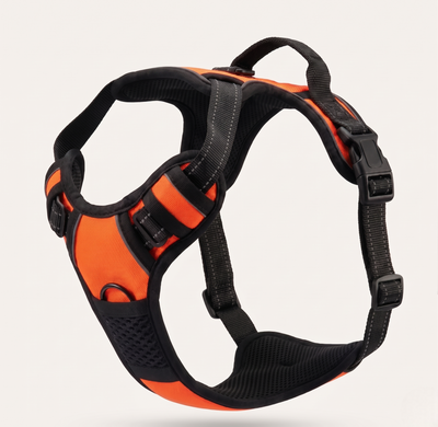 Harnais anti-traction et ergonomique pour chien de couleur orange, équipé de bandes réfléchissantes et d'une poignée de contrôle sur le dessus.