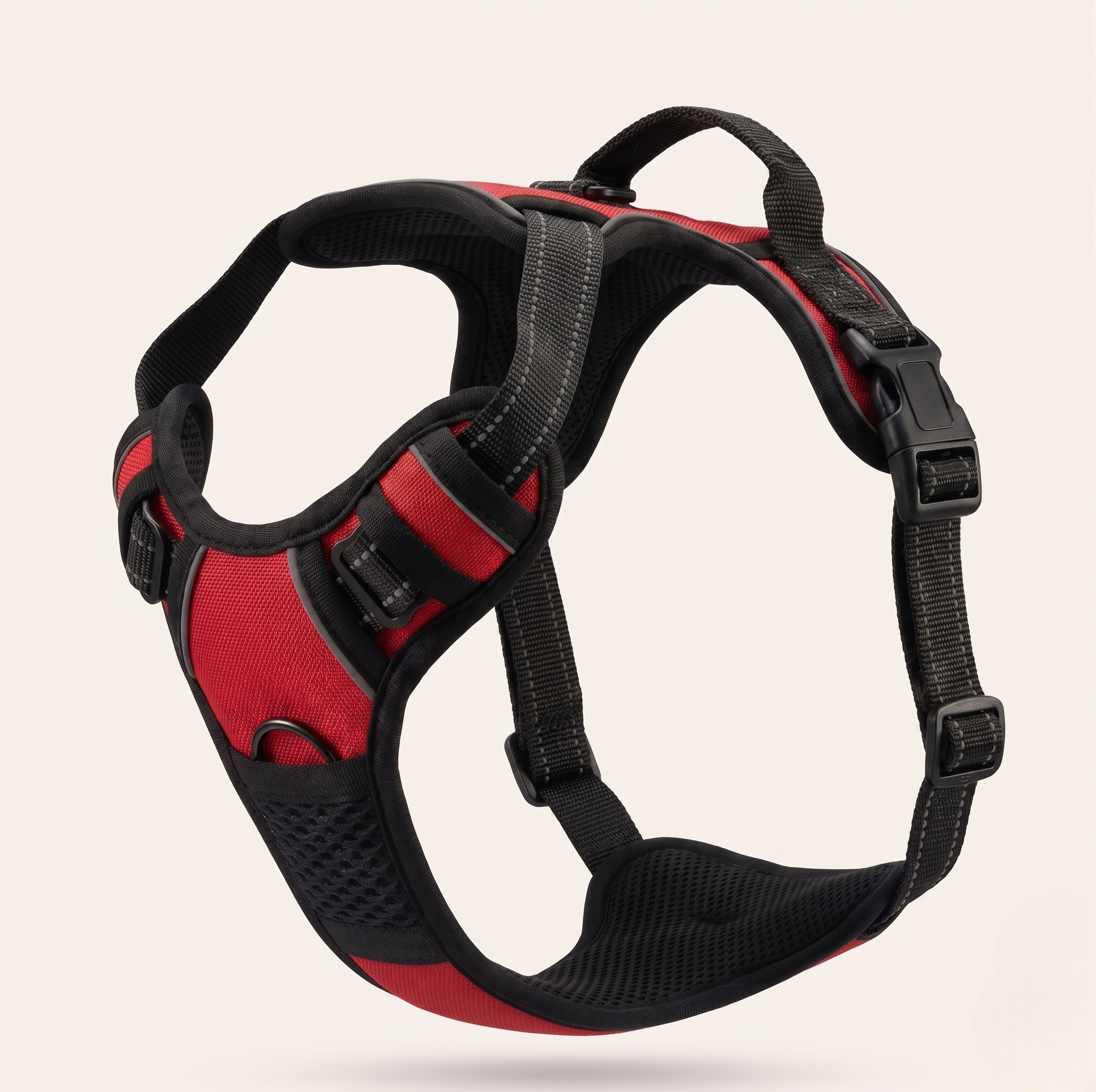 Harnais anti-traction et ergonomique pour chien de couleur rouge, équipé de bandes réfléchissantes et d'une poignée de contrôle sur le dessus.