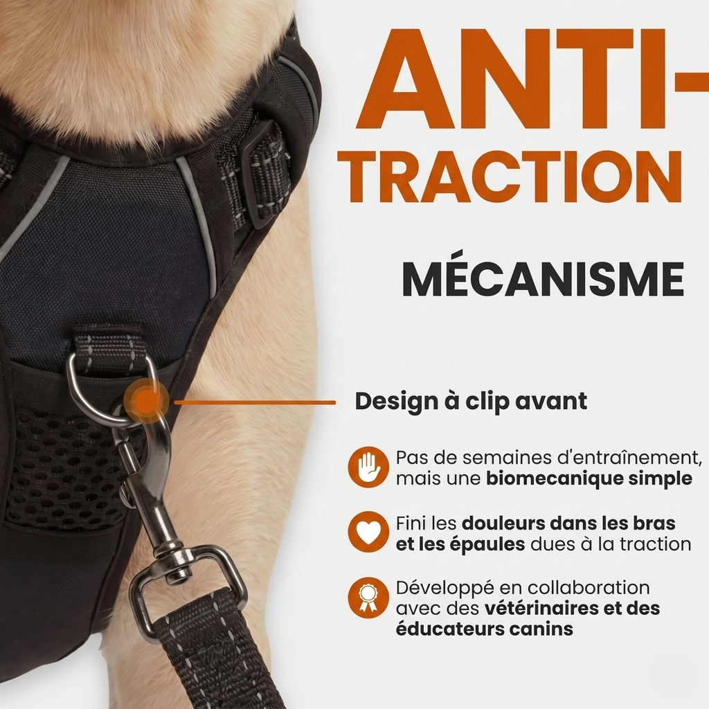Harnais anti-traction pour chien avec design à clip avant, mécanisme ergonomique réduit les douleurs aux bras et épaules, recommandé par les vétérinaires.