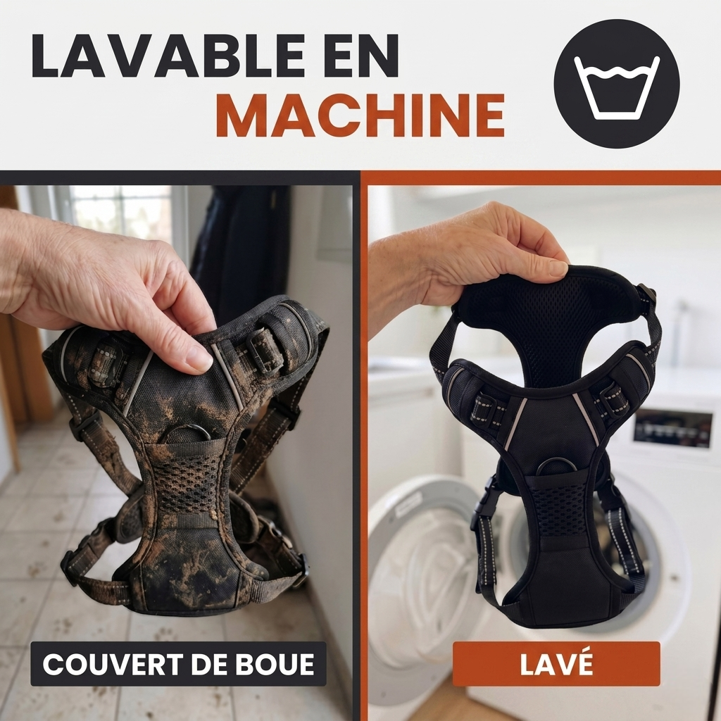 Harnais pour chien noir lavable en machine : avant (couvert de boue) et après lavage.